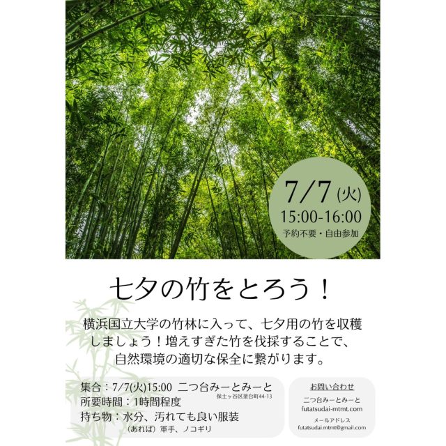 竹を取りに行こう!
🗓️2026年7月7日(火)
⏰15:00〜16:00
集合場所↓
二つ台みーとみーと:保土ヶ谷区釜台町44-13
参加費:無料!🆓
対象:どなたでも!
横浜国立大学構内に竹林があります。七夕の日に竹を取りに行きましょう!また、増えすぎた竹を伐採することは、適切な環境保全にもつながります!
昨年度はたくさんの小学生にご参加いただきました!今年度もみんなで竹を取りましょう!
小さいお子様は保護者同伴を推奨します。ただし、大学生と教授が引率サポートいたしますので安心してご参加ください!
お待ちしております!
みーとみーと学生部
——————————
Instagramプロフィールからホームページへどうぞ!
これまでの変遷や今後のお知らせも掲載しています。