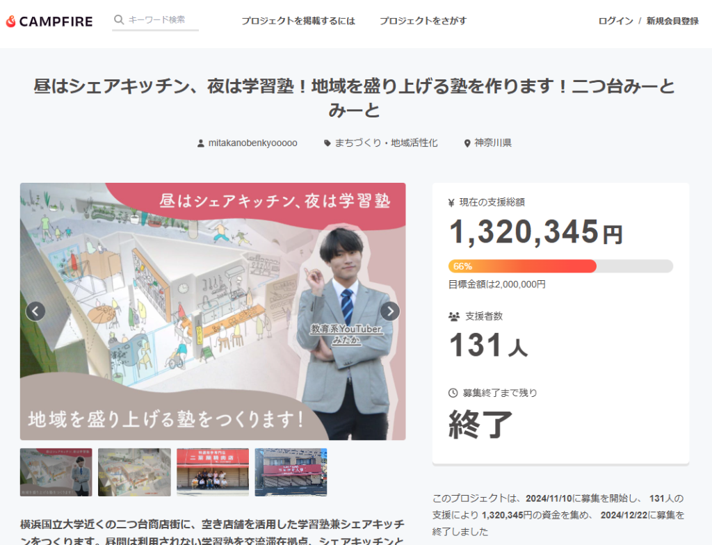 クラウドファンディングで132万円の寄付をご支援いただいた最終的なページの図